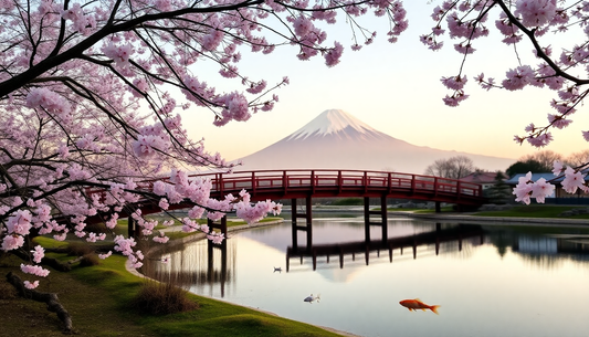 Cherry blossoms frame a red wooden bridge over a calm lake with Mount Fuji in the distance.