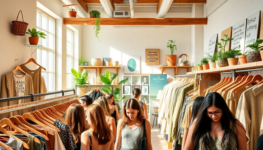 Indoor thrift store with wooden racks of beige clothing and several shoppers browsing among potted plants on shelves.