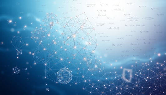 Blue abstract background with interconnected white nodes and geometric wireframe shapes.