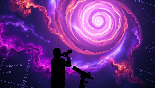 Silhouette of a person looking through a telescope at a bright pink and purple spiral galaxy in space.
