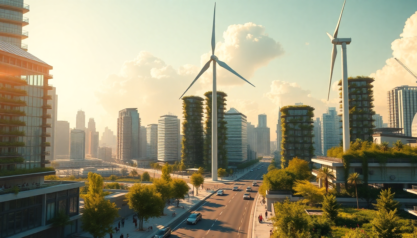 Urban city street with modern glass buildings, wind turbines, and rooftop greenery under a warm daytime sky.