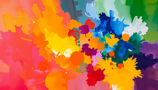 Abstract acrylic painting with vivid orange, yellow, pink, blue, green splashes and shapes on a multicolored background.