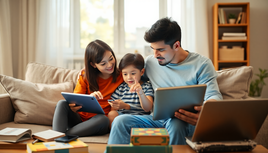 Family of three sits on a beige sofa using tablets and a smartphone, with the child pointing at the screen.
