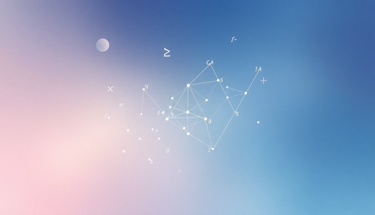 Abstract network of white nodes and connecting lines over a pink-to-blue gradient background.