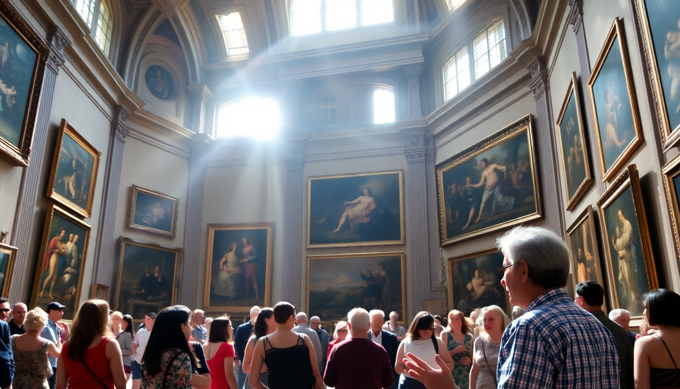 Crowded museum gallery with people examining large classical paintings in ornate gold frames under bright skylight.