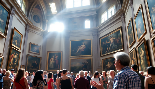 Crowded museum gallery with people examining large classical paintings in ornate gold frames under bright skylight.