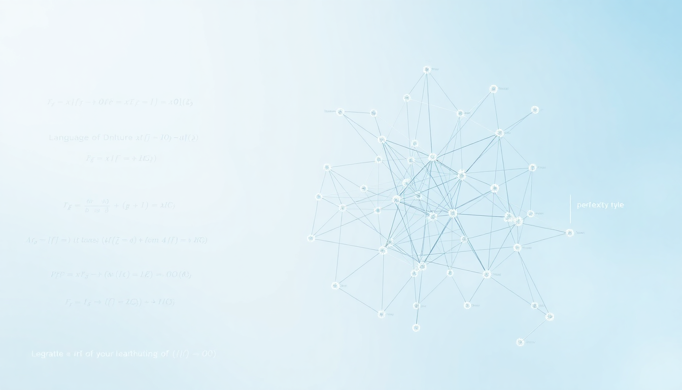 Light blue gradient background with a white interconnected network diagram of nodes and lines on the right; faint mathematical equations