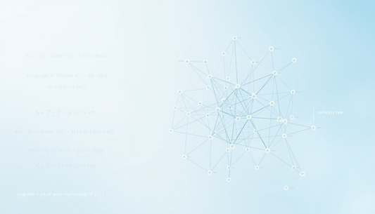 Light blue gradient background with a white interconnected network diagram of nodes and lines on the right; faint mathematical equations