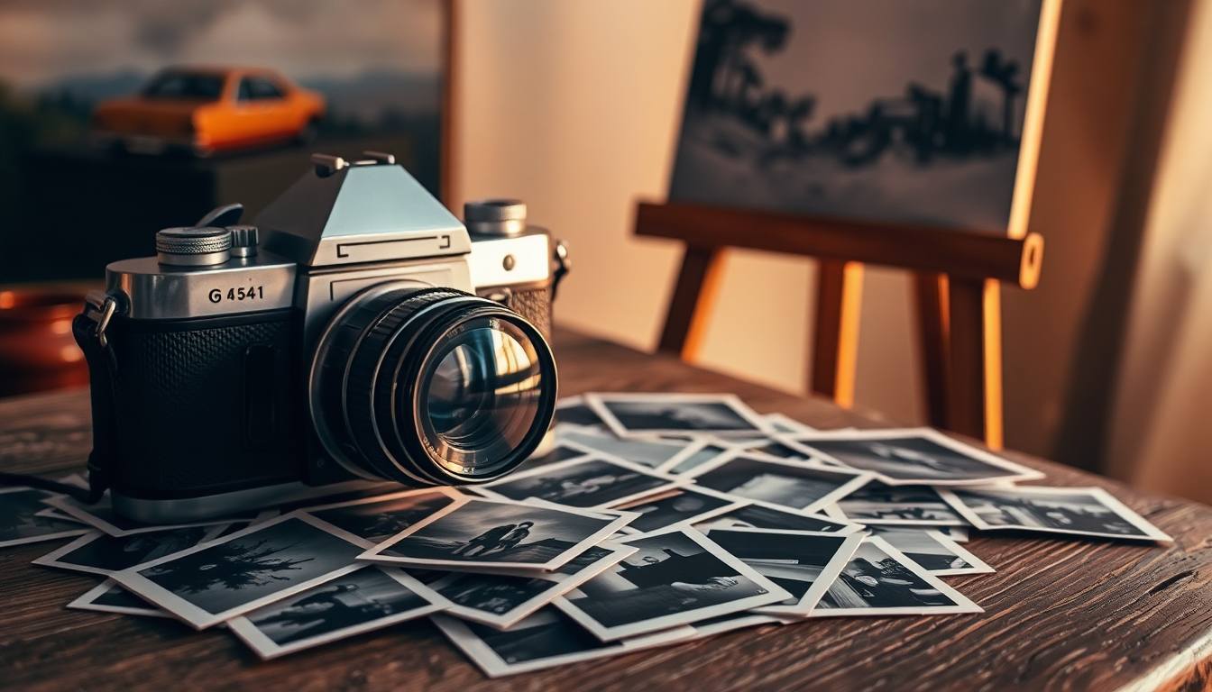 Vintage 35mm film camera with a black body and silver top sits on a wooden table beside scattered black-and-white photographs.