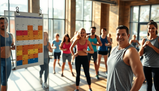 Group of diverse adults in a sunlit gym posing and smiling near a colorful calendar chart on a stand.