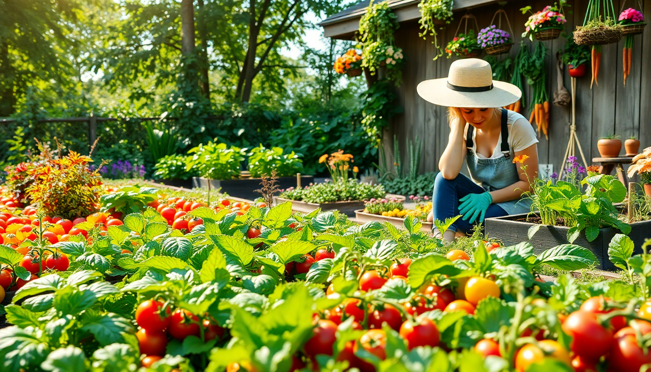 A gardener wearing a wide-brimmed straw hat and blue overalls kneels beside raised beds overflowing with ripe red tomatoes.