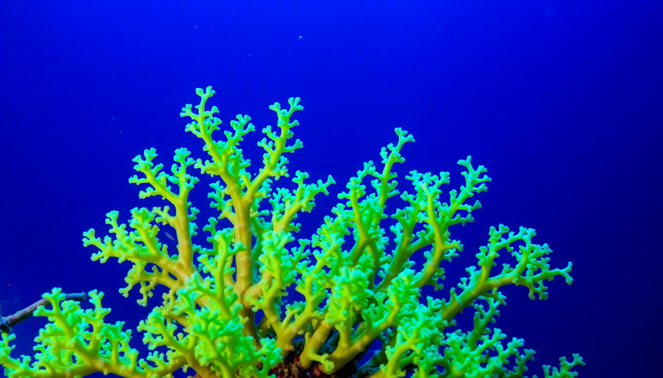 Bright green Montipora capricornis coral with branching, tree-like fronds against a deep blue aquarium background.