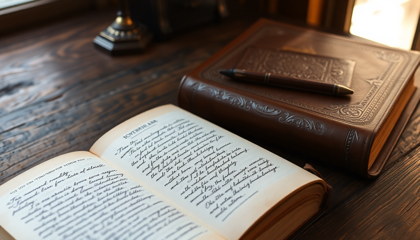 Open book with cursive handwritten text on cream pages rests beside a brown leather journal with a gold-accented pen on a wooden desk.