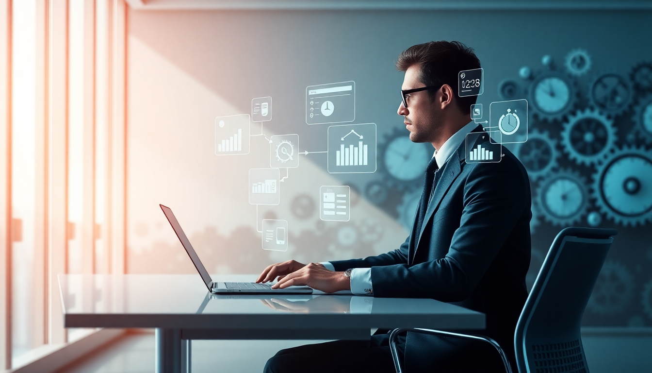 Side view of a businessman in a dark suit typing on a laptop at a glass desk, with floating holographic charts.