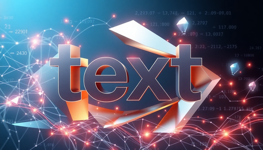 3D metallic word 'text' with orange and blue geometric shapes and glowing network lines on a futuristic tech background.