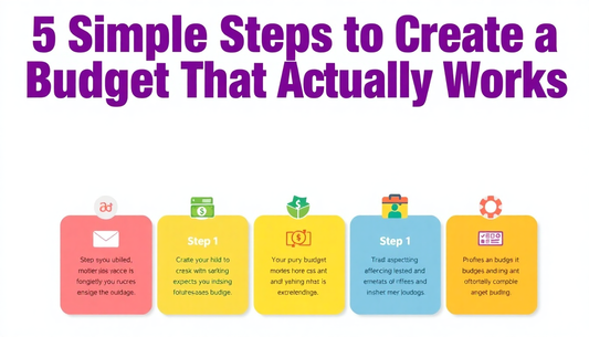Banner showing purple headline "5 Simple Steps to Create a Budget That Actually Works" above five colorful rounded step cards with icons.