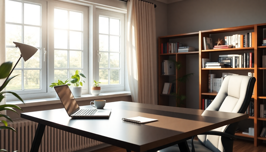 Sunlit home office with a dark wood desk, open laptop, coffee mug, notebook, and a tall bookcase against the wall.