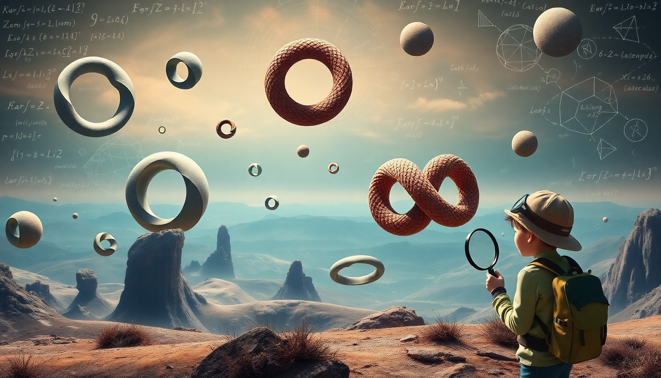 A child with hat and backpack holds a magnifier while watching floating torus shapes and an infinity symbol in a desert landscape.