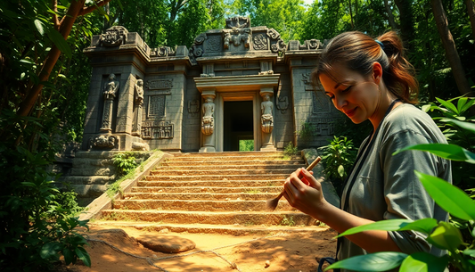 A woman in a gray shirt holds a small brush near a stone ancient temple entrance with carved statues and stairs.