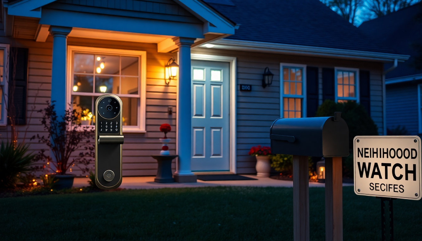 A modern black smart doorbell with a keypad is mounted near a gray house with a blue front door at dusk.