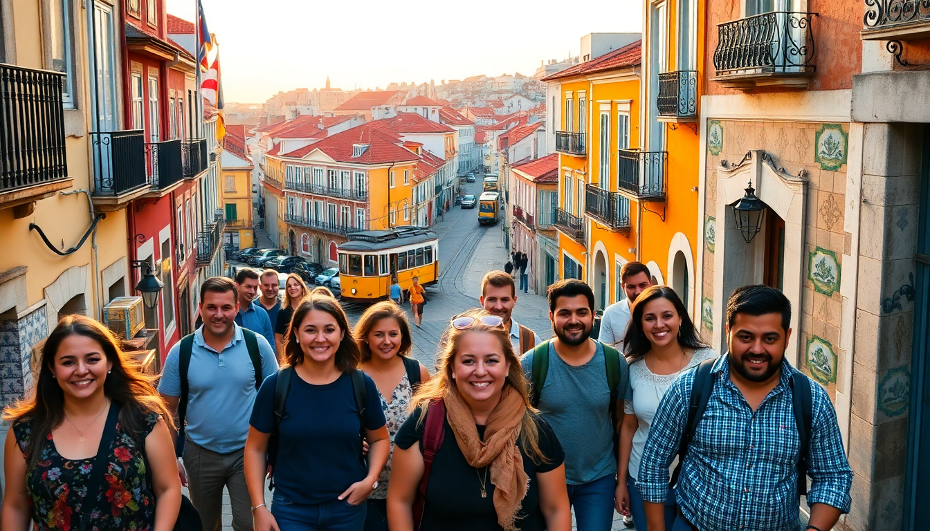 Group of smiling young adults with backpacks walking up a colorful street in Lisbon, Portugal, with a yellow tram in the background.
