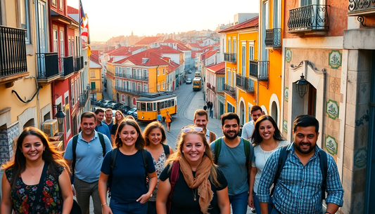 Group of smiling young adults with backpacks walking up a colorful street in Lisbon, Portugal, with a yellow tram in the background.