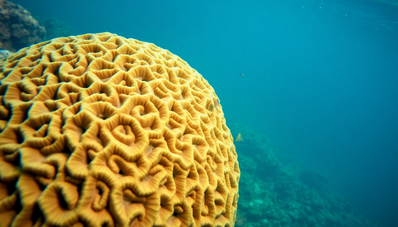 Close-up of a large yellow brain coral with intricate ridges underwater, blue sea in background.