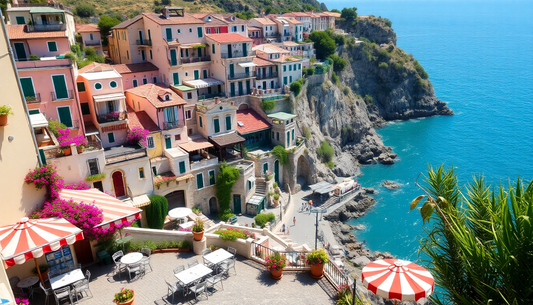 Colorful pastel houses with red-tiled roofs climb a cliffside above a bright blue sea, featuring outdoor cafes and striped umbrellas.