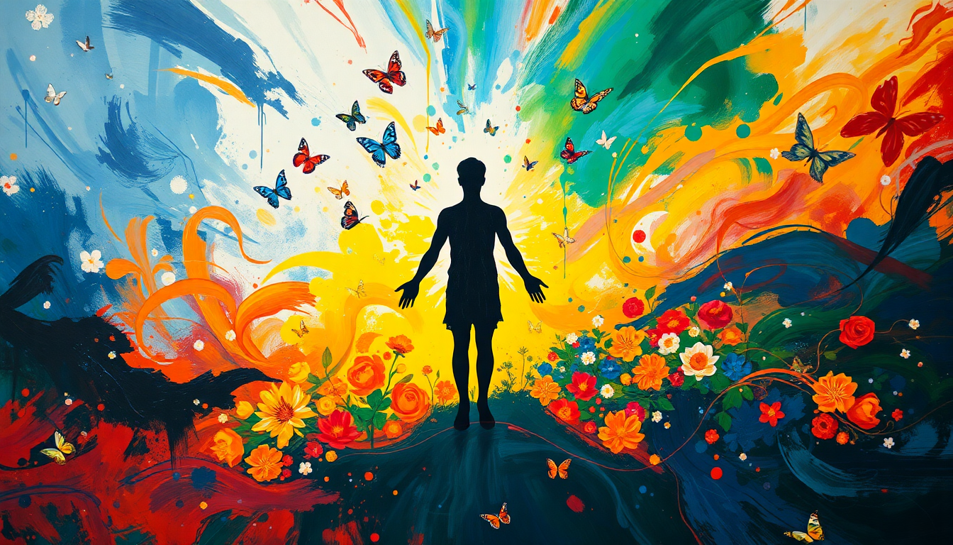 Black silhouette of a person standing with arms outstretched atop a colorful, floral and butterfly-filled gradient background.