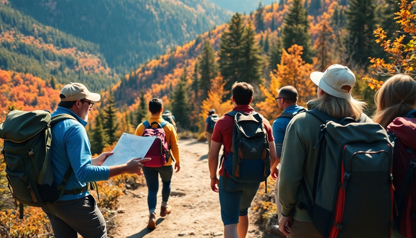 Group of hikers with large backpacks walking along a dirt trail through an autumn-colored pine forest.