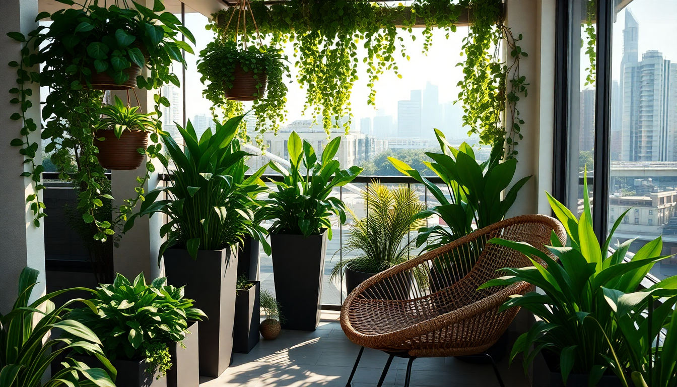Sunlit balcony with green potted plants in dark planters, hanging baskets, and a wicker lounge chair.