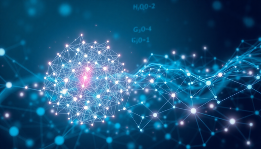 Blue abstract network of interconnected glowing nodes forming a spherical cluster with a pink core glow against a dark blue background.