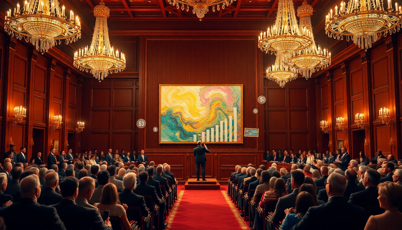 A speaker at a podium presents in a wood-paneled auction hall with chandeliers and a large colorful abstract painting on the wall.