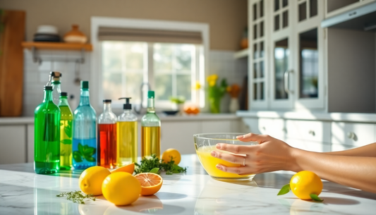 Bright kitchen scene with a bowl of yellow juice held by hands, surrounded by colorful bottles and lemons on a marble counter.