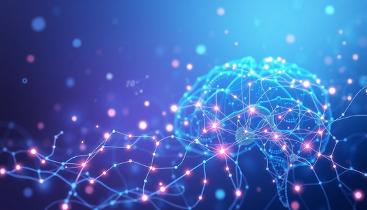 Abstract blue and pink neural network globe made of interconnected glowing lines and nodes.