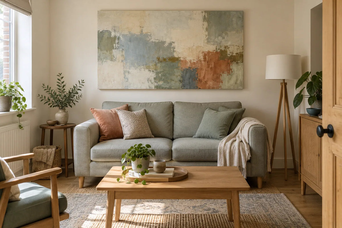 Oversized abstract canvas above a compact sofa in a small, light-filled living room