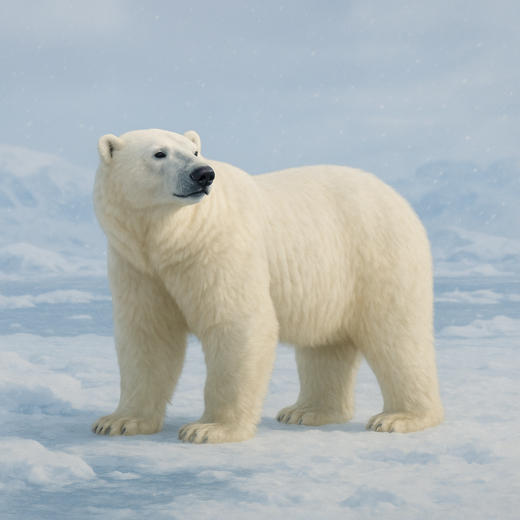 A majestic adult polar bear with thick white fur stands on a snow-covered ice floe, gazing into the distance against a backdrop of blue sky and distant icebergs.