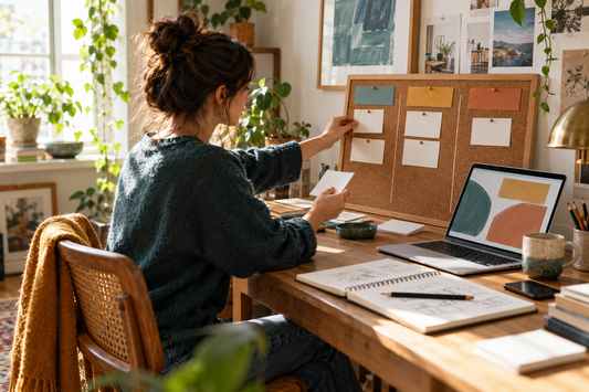A creative business owner arranging a project board in a bright home studio.