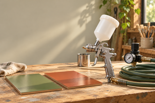 Illustrative workshop setup with a generic spray gun, air regulator and painted test panels; not a photograph of the linked product.