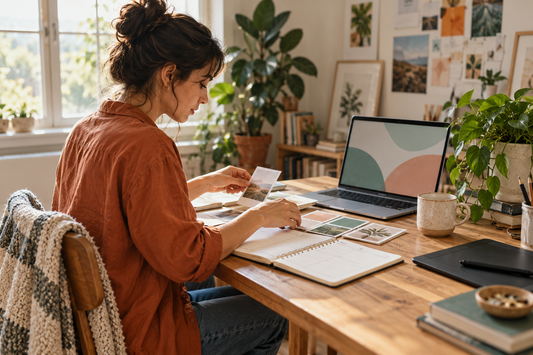A creative professional plans a remote work week at a sunlit home studio desk.