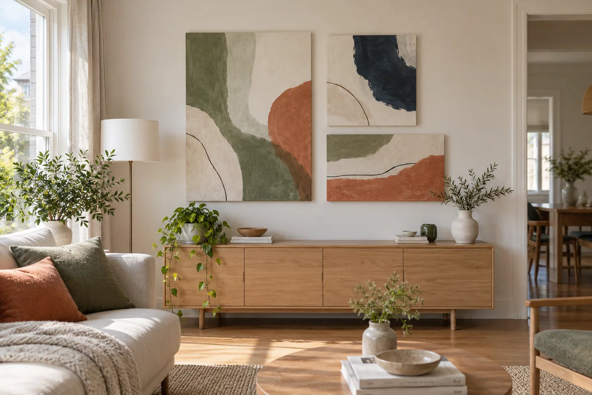 Three original abstract canvas prints arranged above a low oak console in a bright rental-apartment living room