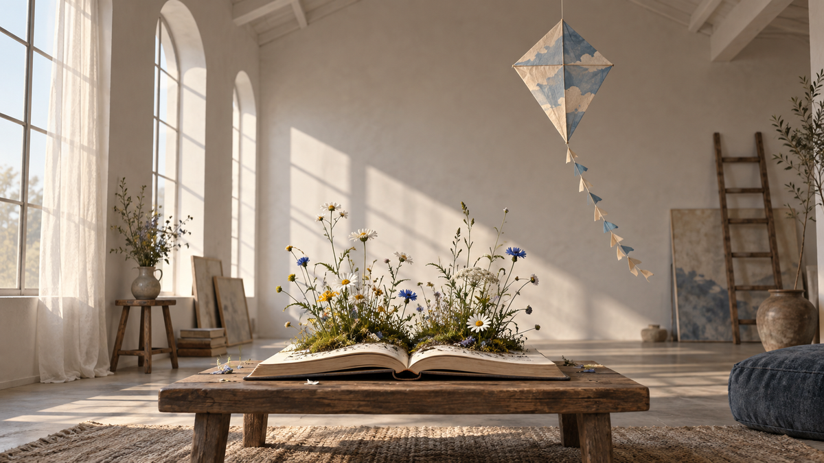 An open book on a studio table with wildflowers growing from its pages and a paper kite suspended in the room.