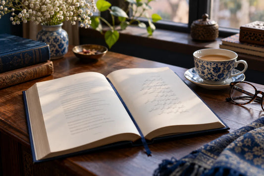Open poetry book and cup on a desk, with printed text softly out of focus.