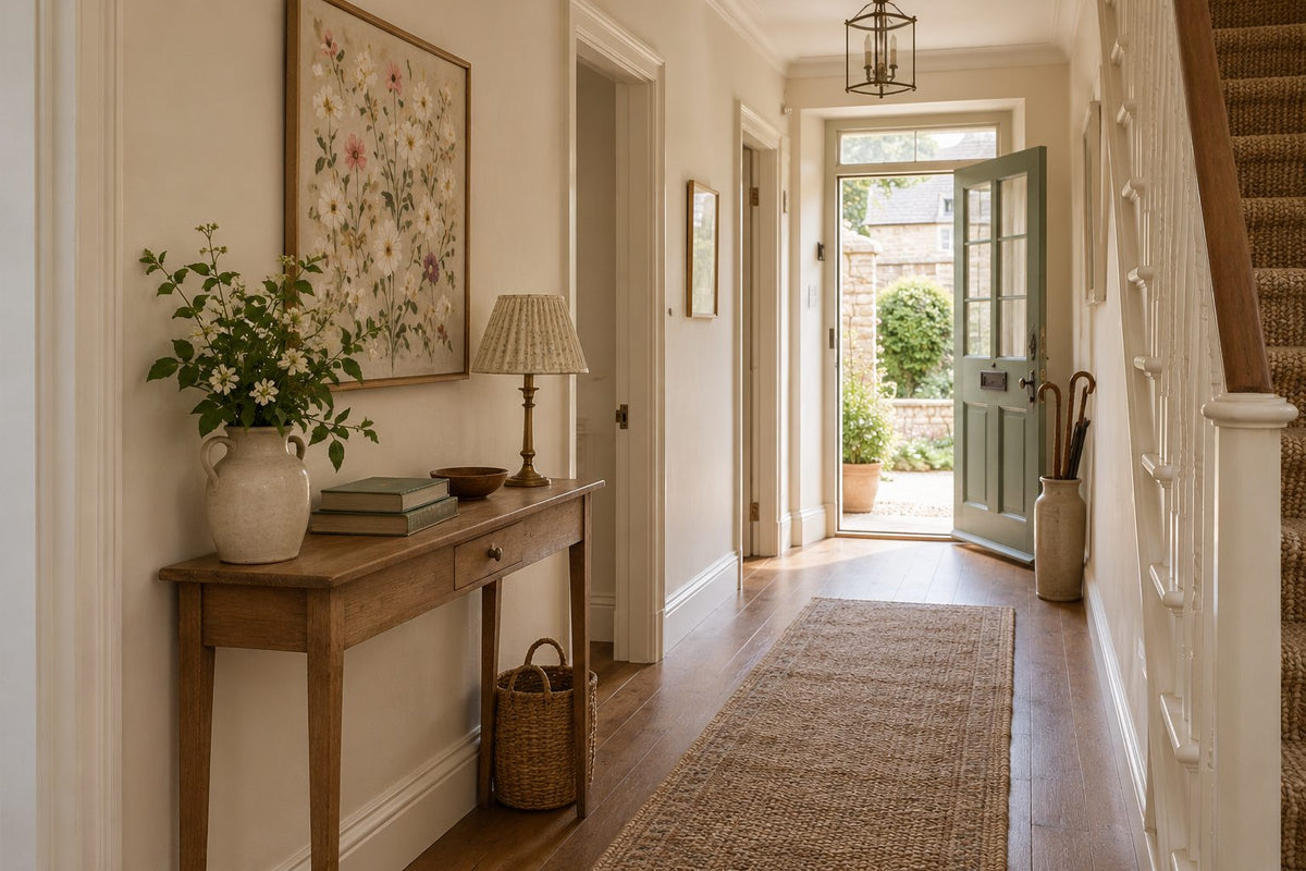 Illustrative cottage hallway with a vintage-inspired floral canvas above a narrow timber console.