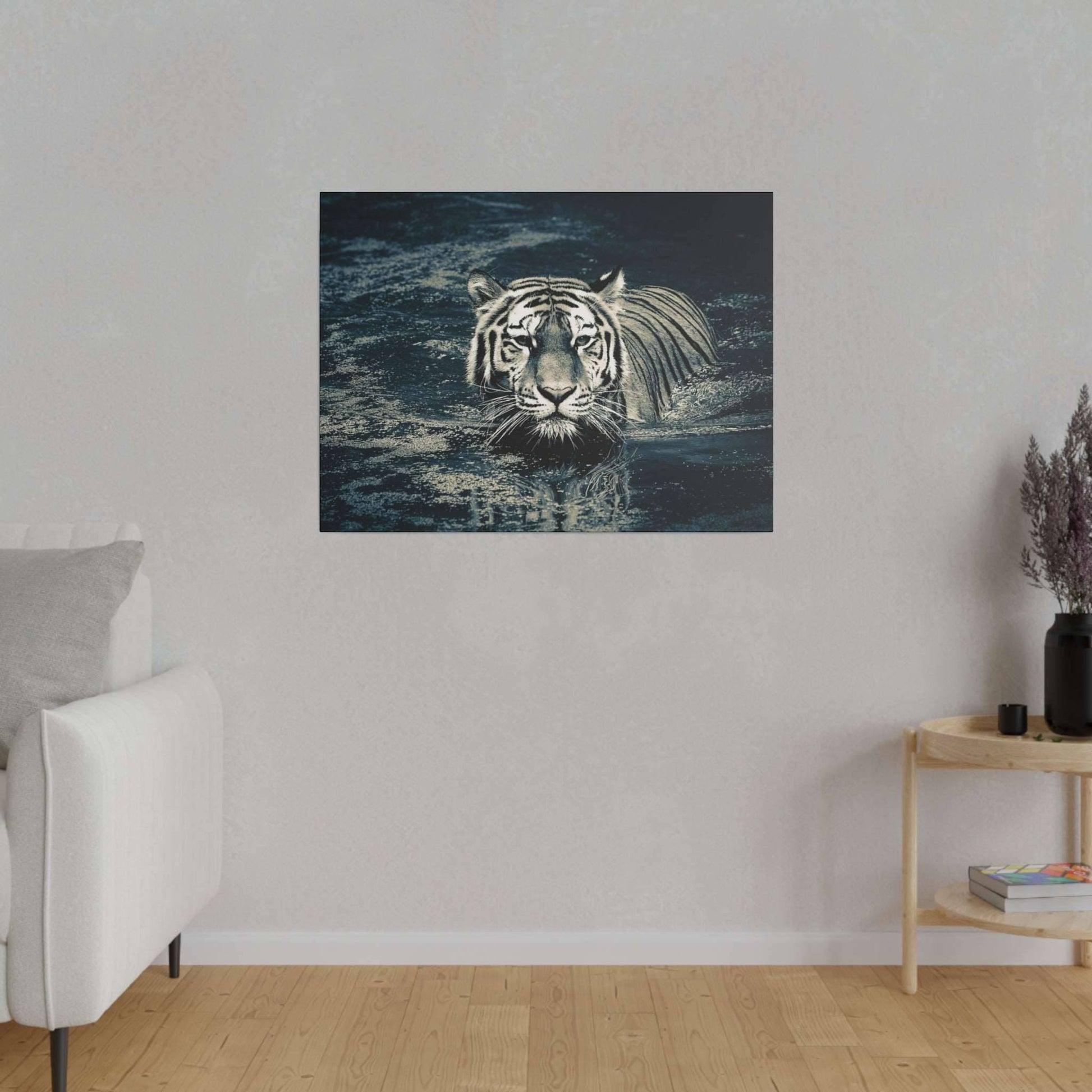 Stealth and Serenity: Monochrome Tiger Water Crossing Canvas Print