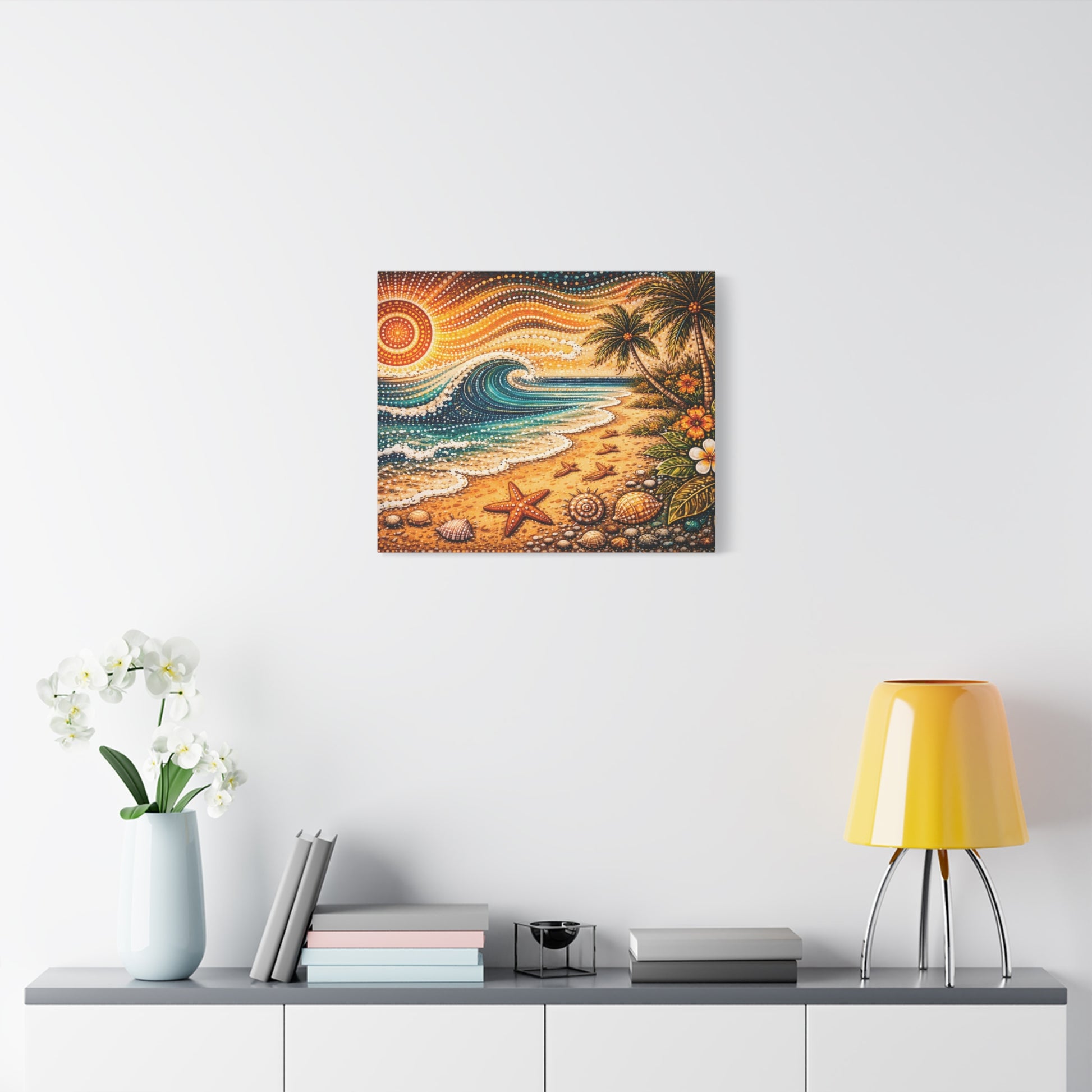 Tropical Beach Canvas Wall Art — Colorful Seascape with Palm Trees & Shells Canvas image 47