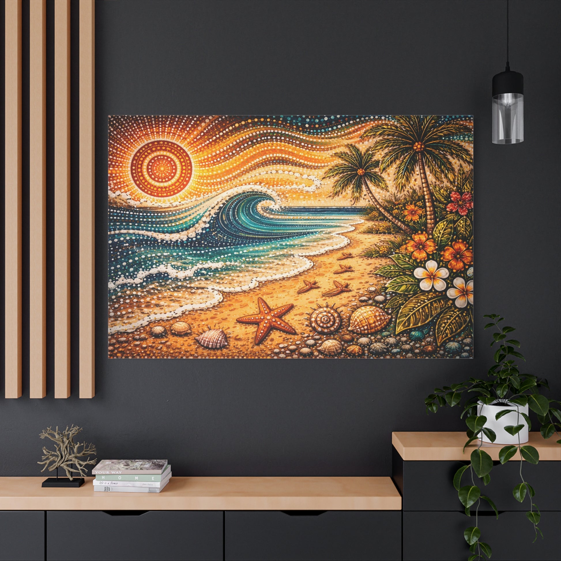 Tropical Beach Canvas Wall Art — Colorful Seascape with Palm Trees & Shells Canvas image 72