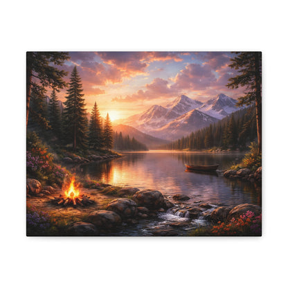 Sunset Mountain Lake Campfire Canvas Wall Art