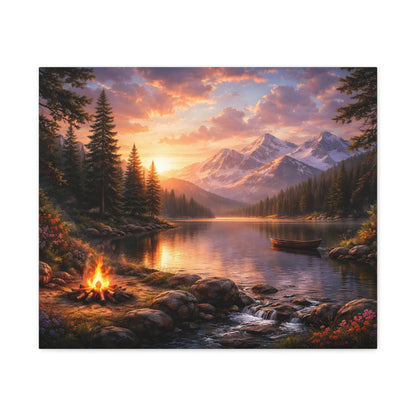 Sunset Mountain Lake Campfire Canvas Wall Art