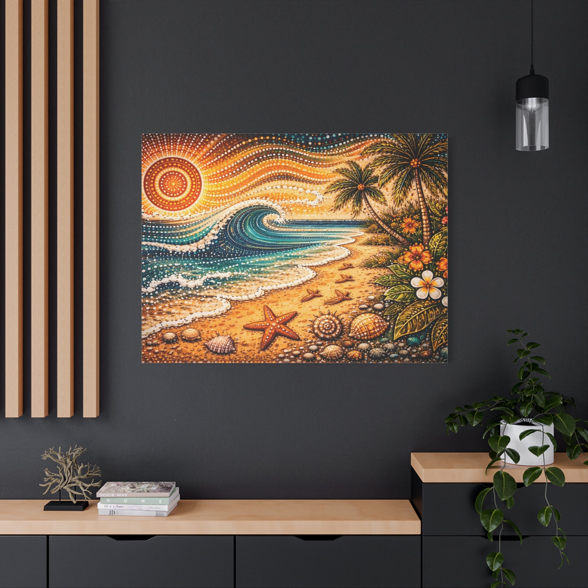 Tropical Beach Canvas Wall Art — Colorful Seascape with Palm Trees & Shells Canvas image 69